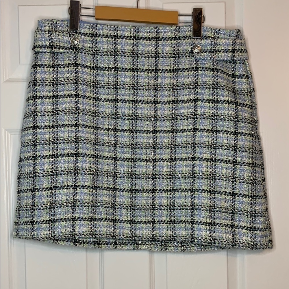 LOFT Blue Black Tweed Mini Pencil Skirt Pastel Plaid Sparkle Lined Size 14 NWT